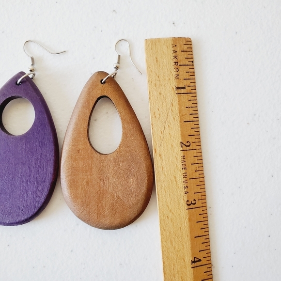 Two Pairs of Chunky Wooden Dangle Earrings Oversized Dangle Boho Retro - Picture 10 of 14